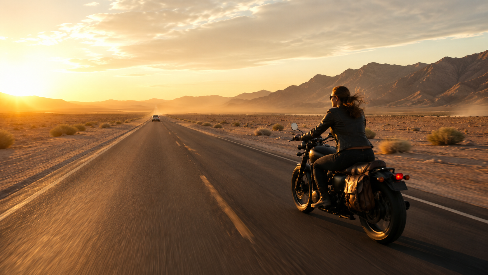 Frau auf einem Motorrad auf einer offenen Wüstenstraße im Sonnenuntergang